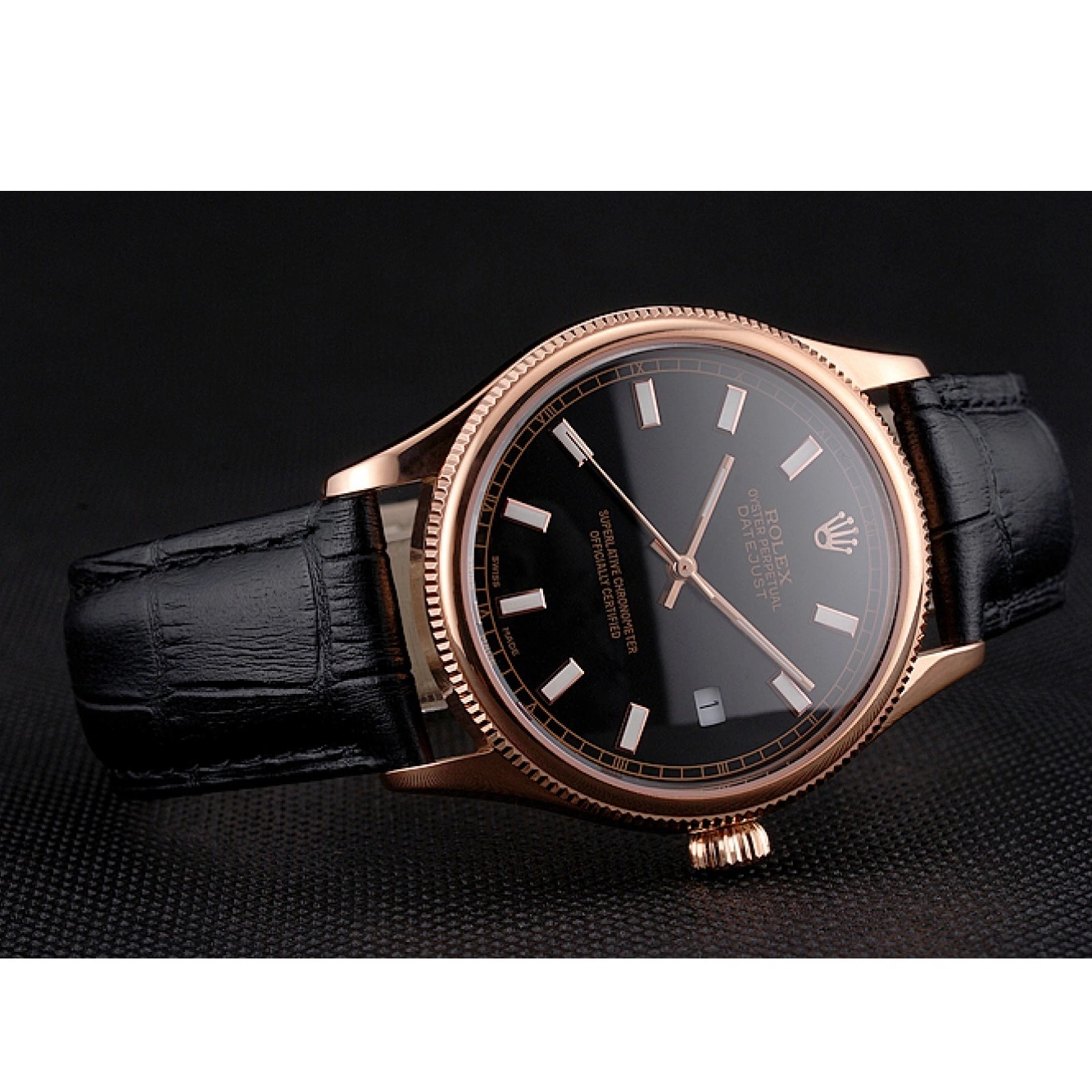 Rolex aaa copy Leather Rolex Dial Swiss Black Strap Gold Rose Case Datejust Black 0602
